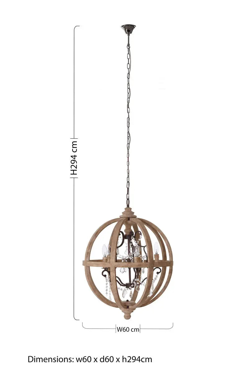 Pia 5 Arm Metal and Oak Wood Orb Chandelier
