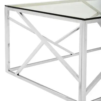 Rectangular Tempered Glass Top Coffee Table with Champagne Gold Geometric Steel Legs, Allure