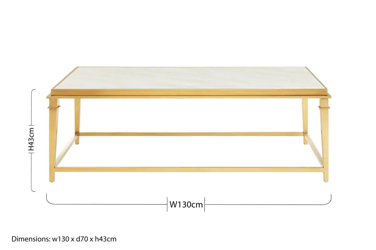 Rectangular White Marble Coffee Table with Warm Gold Stainless Steel Frame, Alvaro