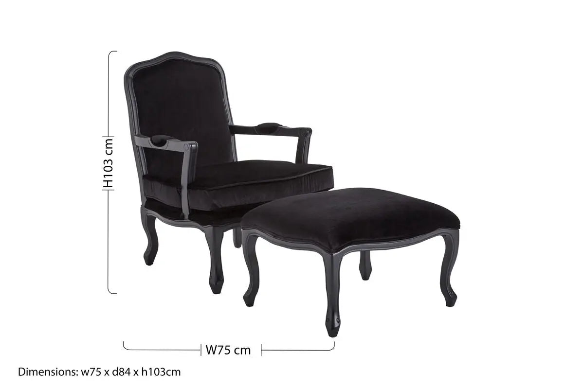 Rococo Black Velvet Chair and Footstool with Carved Hardwood Frame