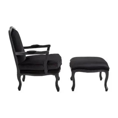 Rococo Black Velvet Chair and Footstool with Carved Hardwood Frame