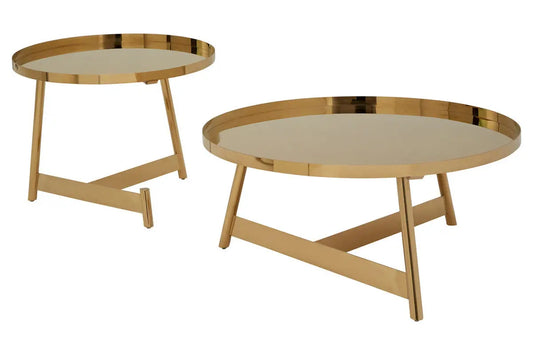 Rose Gold Set of 2 Round Coffee Tables with Angular Asymmetric Frames | Alvaro