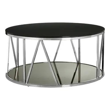 Round Chrome Finish Stainless Steel Base Coffee Table with Black Tempered Glass Top | Alvaro