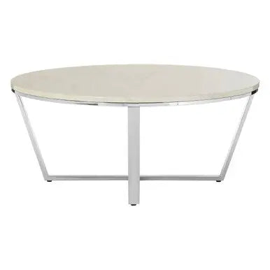 Round White Faux Marble Coffee Table with Chrome Lattice Leg Design | Allure
