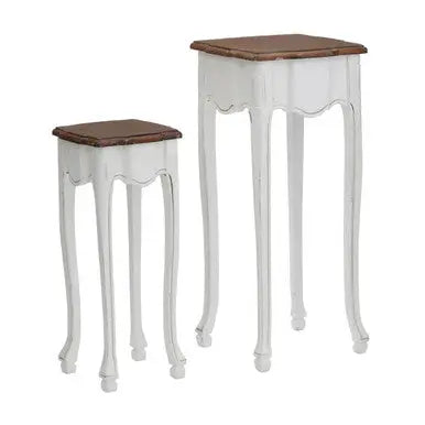 Set of 2 Brown Wood Top Accent Tables with White High Gloss Finish Legs, Serena