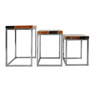 Set of 3 Black and Natural Teak Wood Nesting Tables with Silver Metal Frame, Surak