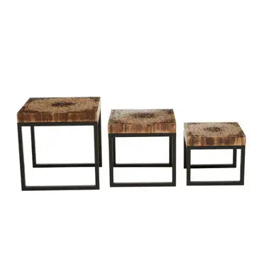 Set of 3 Rustic Teakwood Top Nesting Tables with Black Metallic Bases | Malang