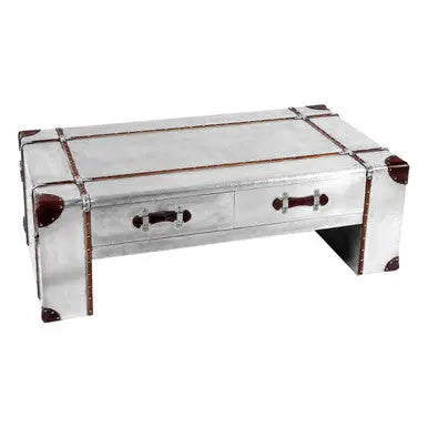 Silver Aluminium and Brown Faux Leather Finish Coffee Table with 2 Drawers, Avro