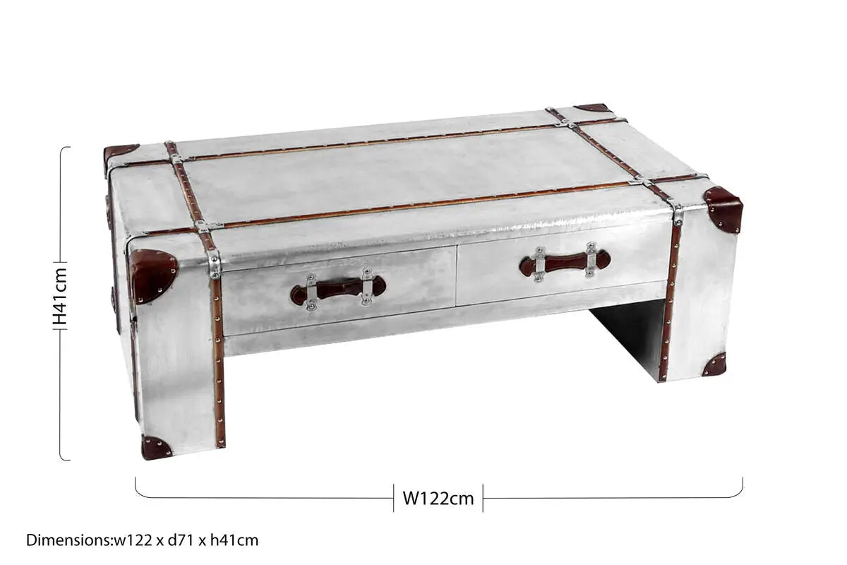 Silver Aluminium and Brown Faux Leather Finish Coffee Table with 2 Drawers, Avro