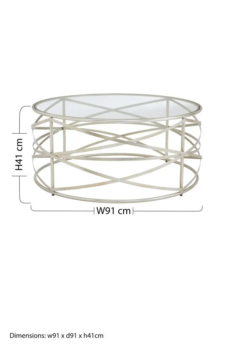 Silver Round Coffee Table with Clear Tempered Glass, Rubia
