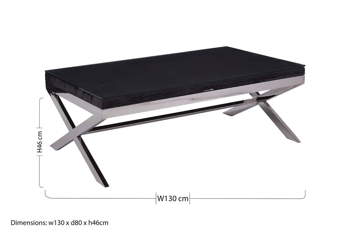 Square Black Wood and Clear Glass Top Coffee Table with Silver Cross Base, Kerala