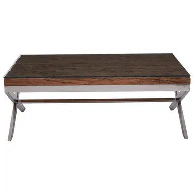 Square Natural Wood and Clear Glass Top Coffee Table with Silver Cross Base, Kerala