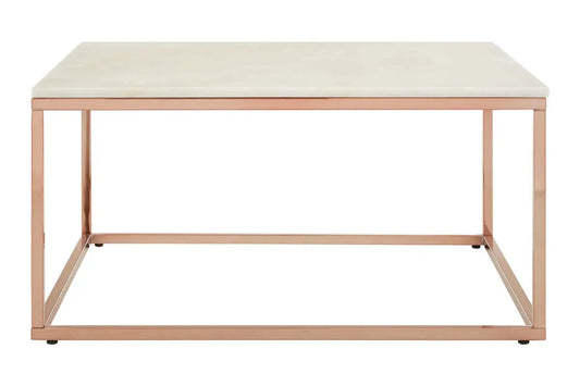 Square White Marble Top Coffee Table in Rose Gold Finish Stainless Steel Legs, Allure