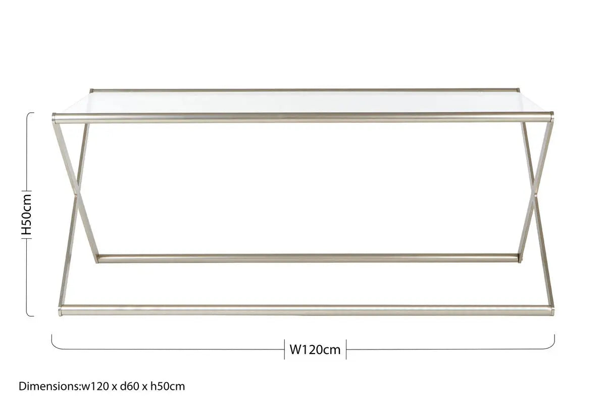 Tempered Glass Rectangular Coffee Table with Silver Cross Frame Design, Roma