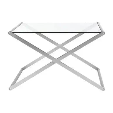 Tempered Glass Square Coffee Table with Criss Cross Satin Nickel Base, Roma