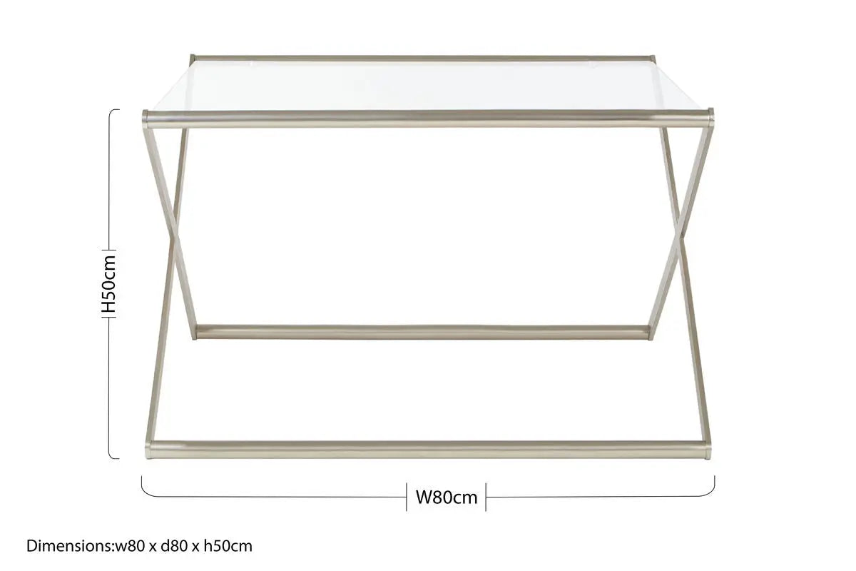 Tempered Glass Square Coffee Table with Criss Cross Satin Nickel Base, Roma