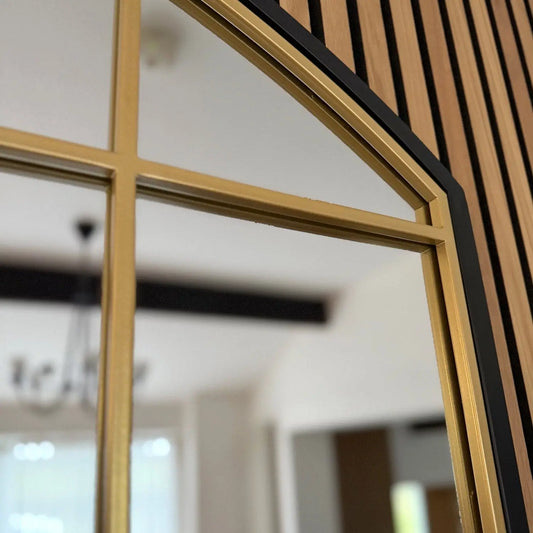 Tomi - Black & Gold Metal Arched Lattice Window Mirror - 95cm x 120cm