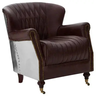 Victor Brown Leather Armchair with Polished Metal Panels