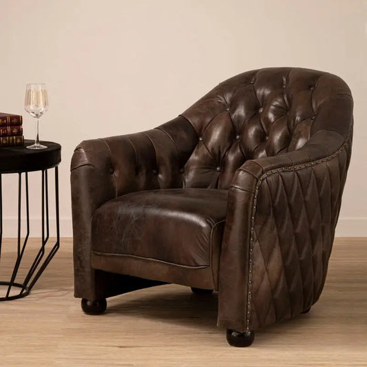 Dark Grey Brown Leather Tub Chair – Compact Accent Chair for Modern Interiors