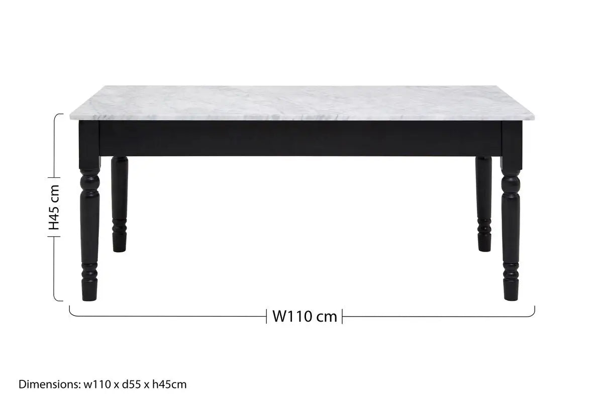 White and Grey Veining Marble Top Coffee Table with Black Carved Wooden Legs, Henley