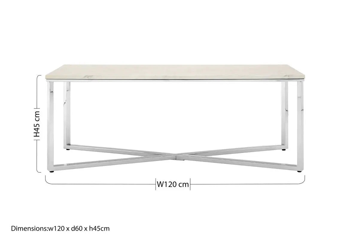 White Faux Marble Coffee Table with Chrome Lattice Leg Design, Allure