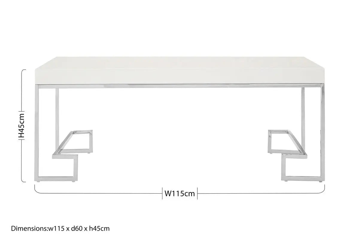 White High Gloss Wood Top Coffee Table with Silver Chrome Angled Stainless Steel Leg, Allure