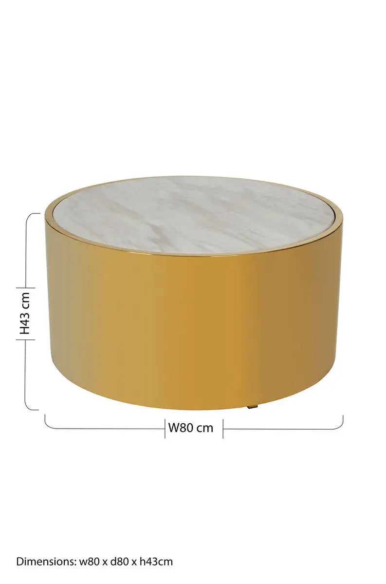 White Marble Effect Top Round Coffee Table with Gold Steel Frame, Carlox