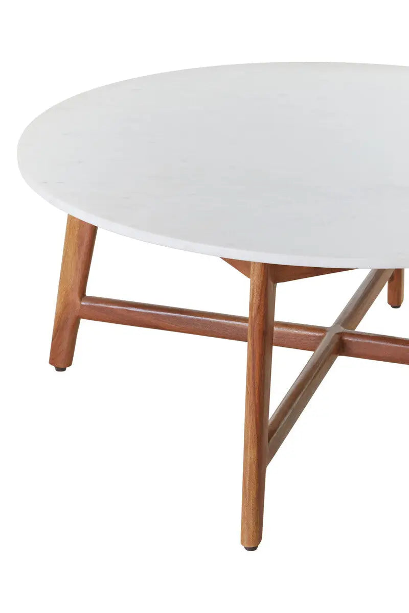 White Marble Round Top Coffee Table with Acacia Wood Legs, Myan