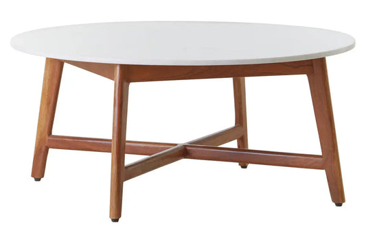 White Marble Round Top Coffee Table with Acacia Wood Legs, Myan
