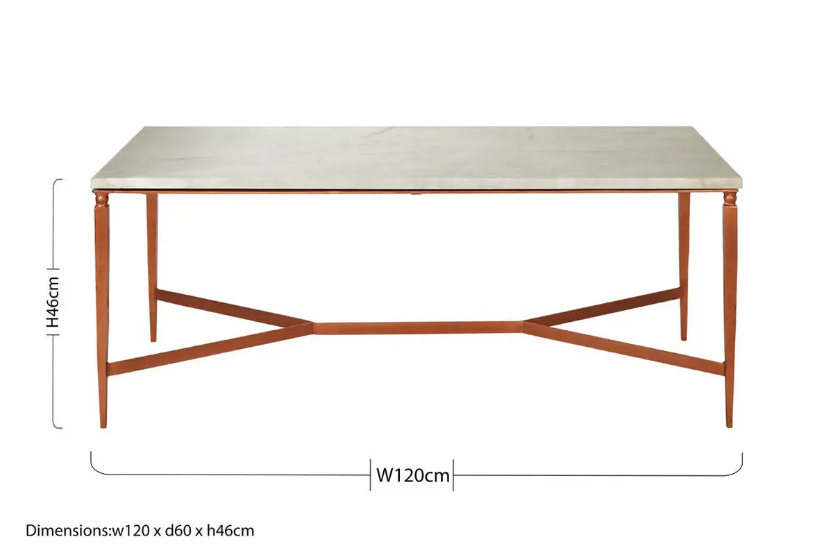 White Marble Top Coffee Table with Warm Copper Tapered Iron Legs, Nirav