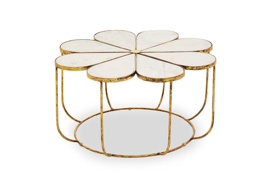 White Polished Marble Top Coffee Table with Petal Design Openwork Base, Rabia
