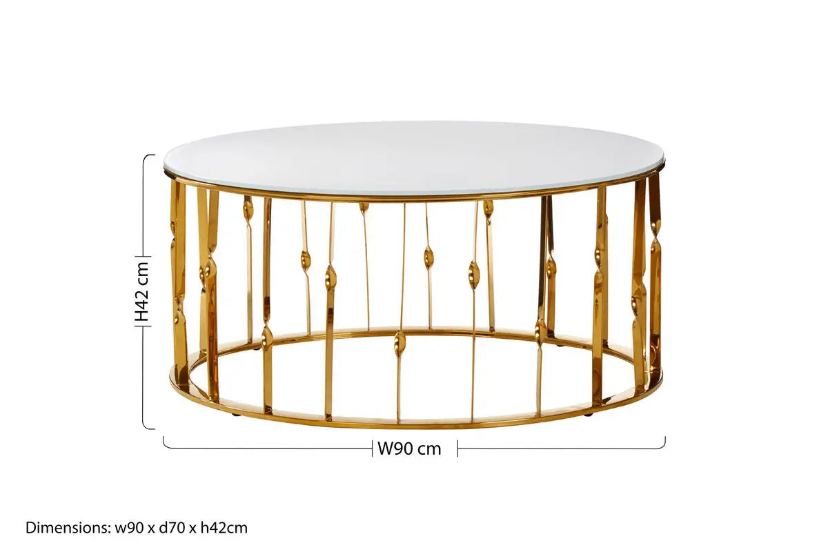 White Tempered Glass Top Round Coffee Table with Gold Finish Stainless Steel Frame, Arezzo