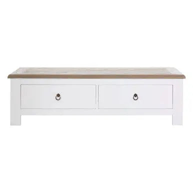 White Wooden Coffee Table with Natural Oak Top and 2 Storage Drawers, Hampstead