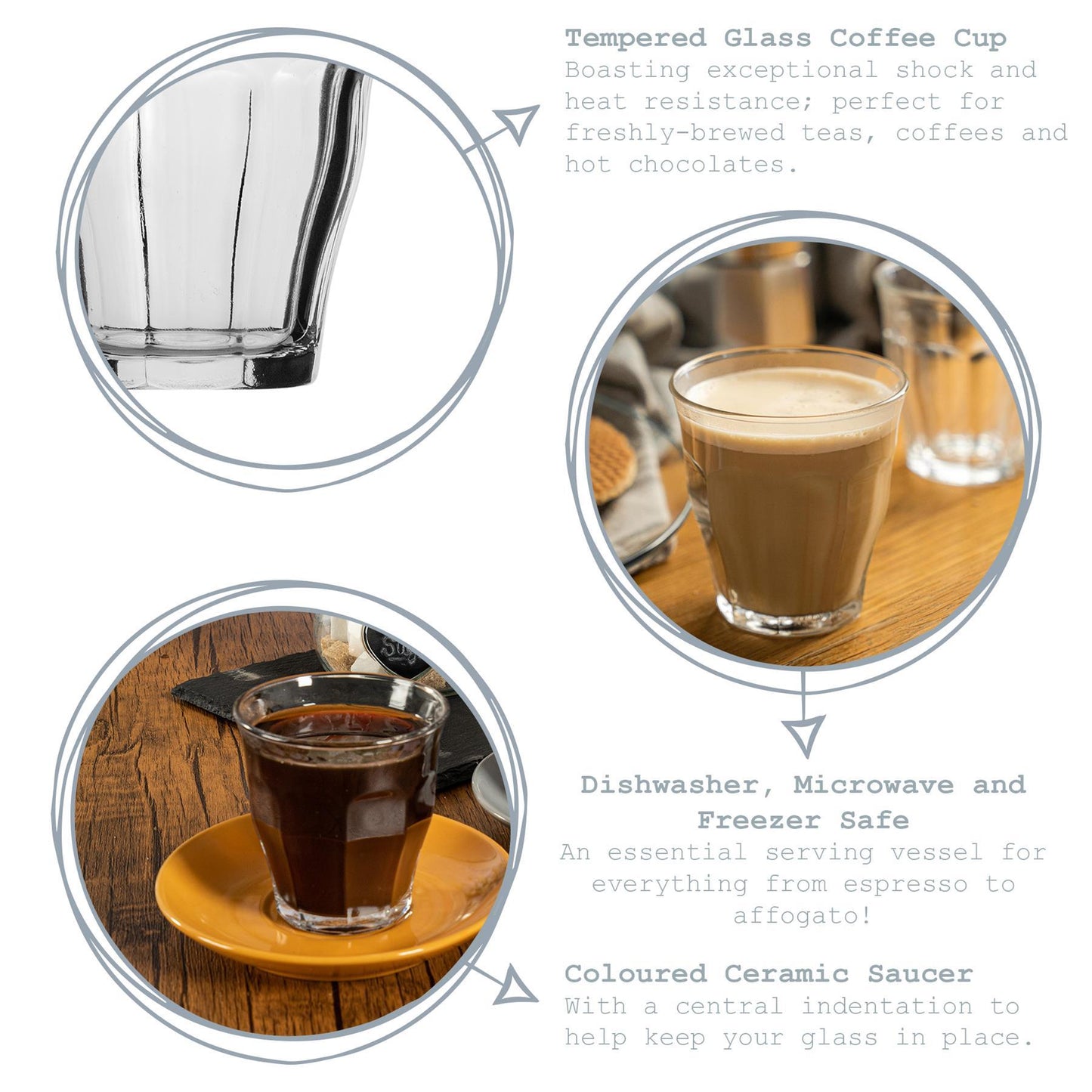 200ml Picardie Glass Coffee Cups & Saucers Set - Pack of Six