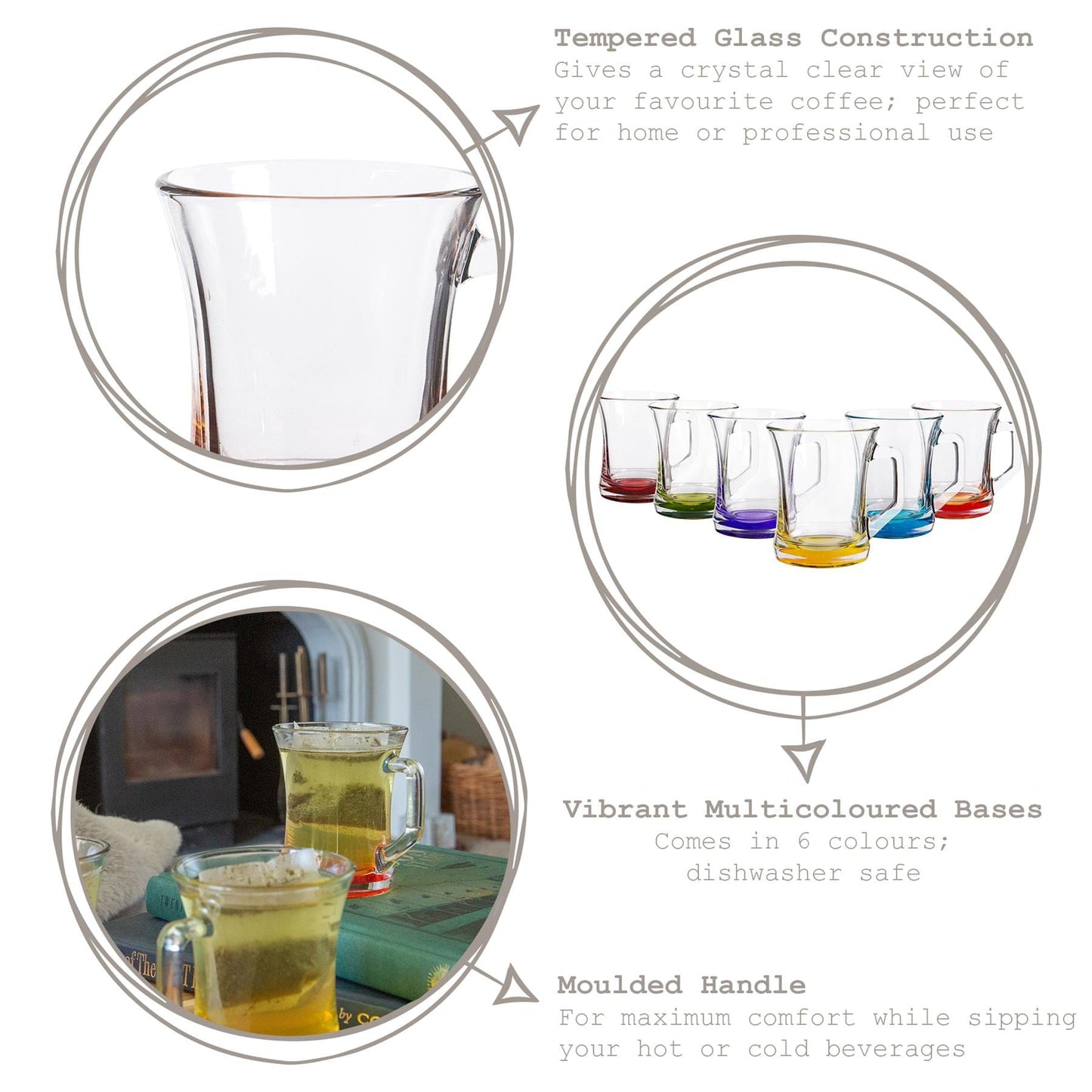 225ml Zen+ Coloured Base Glass Coffee Mugs - Pack of Six