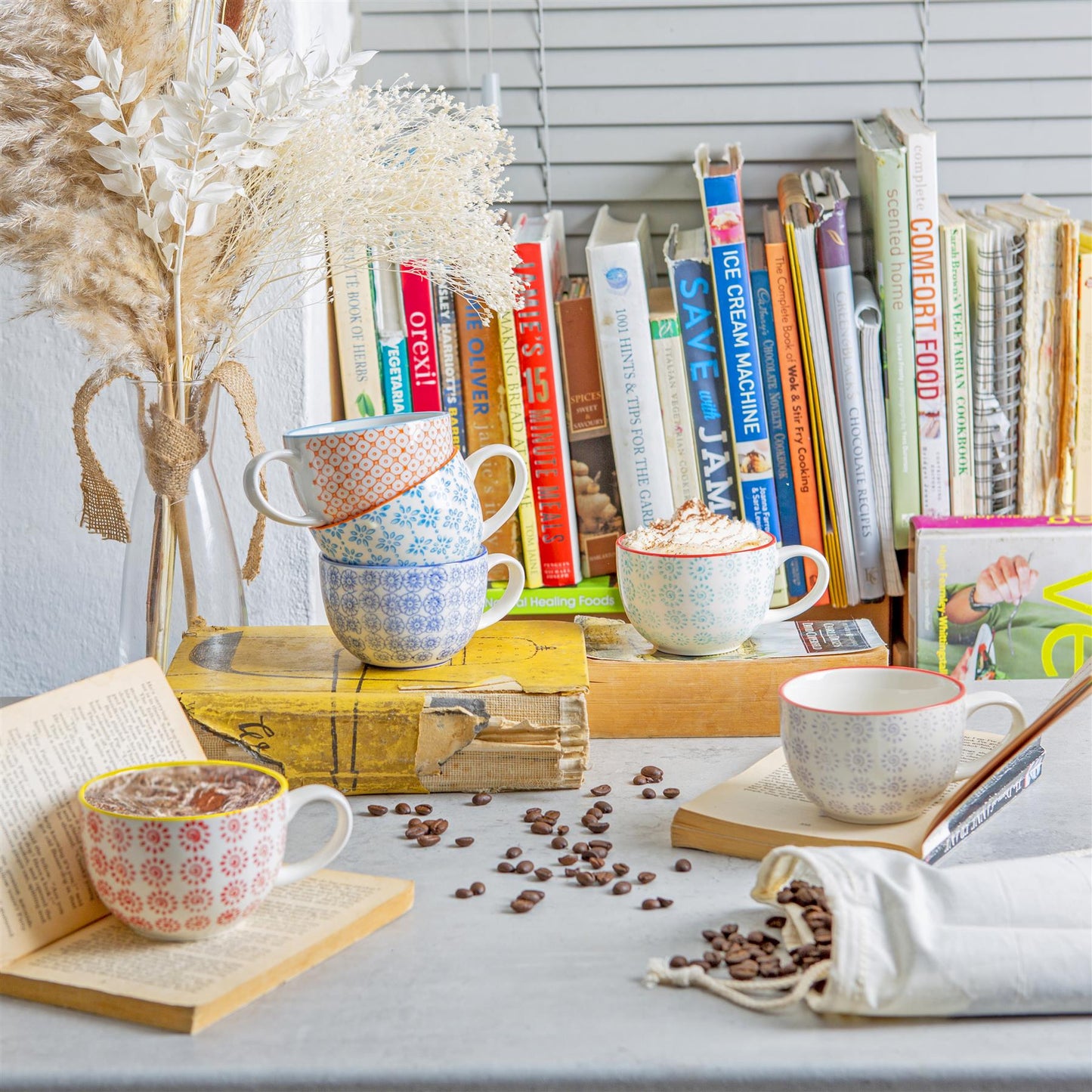 250ml Floral Hand-Printed Stoneware Cappuccino Cups - Pack of Six