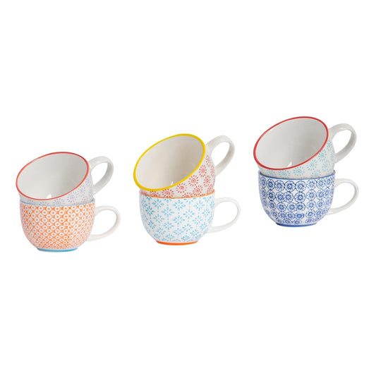 250ml Multicoloured Hand-Printed Stoneware Cappuccino Cups - Pack of Six