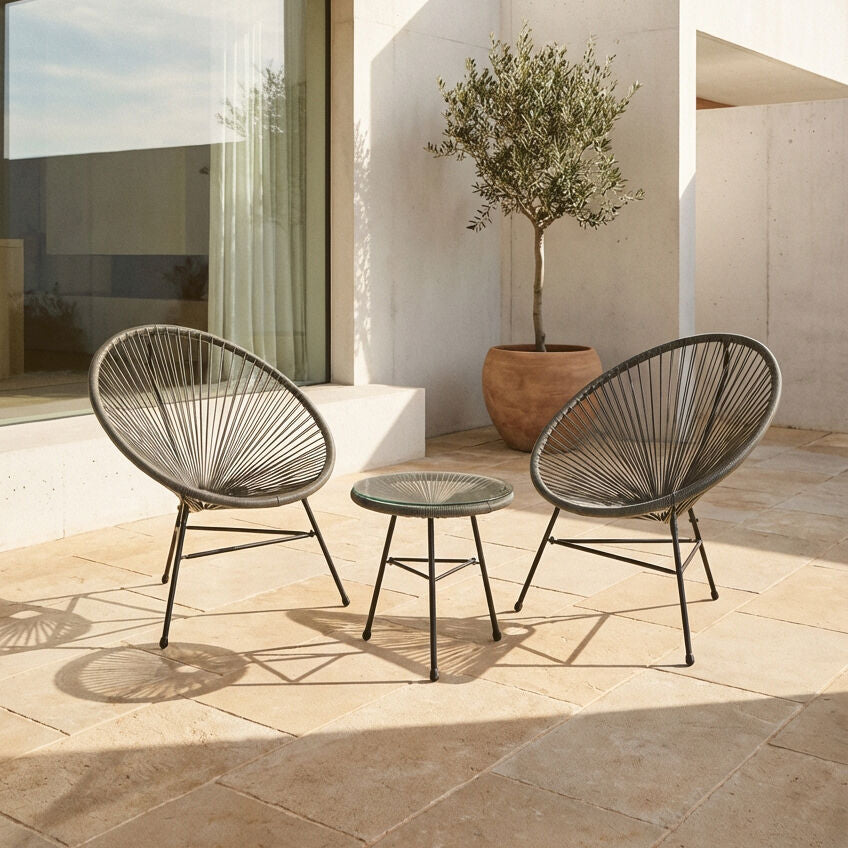 Miami Grey Rattan 3 Piece Patio Set with Glass Top Table