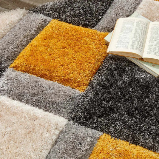 3D Ochre Geometric Shaggy Rug