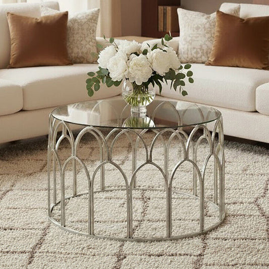Round Glass Top and Silver Leaf Frame Coffee Table | Merlin