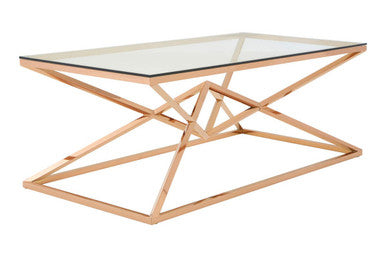 Allure Rose Gold Stainless Steel Rectangular Coffee Table with Prism Base