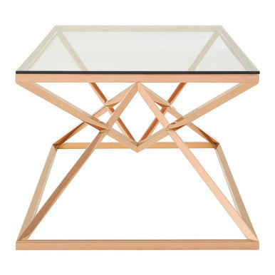 Allure Rose Gold Stainless Steel Rectangular Coffee Table with Prism Base