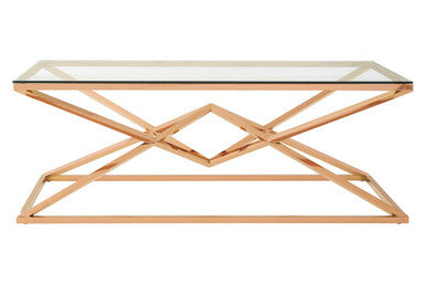 Allure Rose Gold Stainless Steel Rectangular Coffee Table with Prism Base