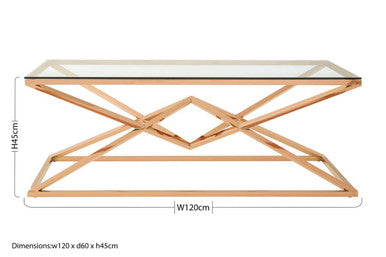 Allure Rose Gold Stainless Steel Rectangular Coffee Table with Prism Base
