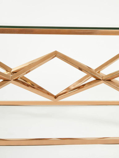 Allure Rose Gold Stainless Steel Rectangular Coffee Table with Prism Base