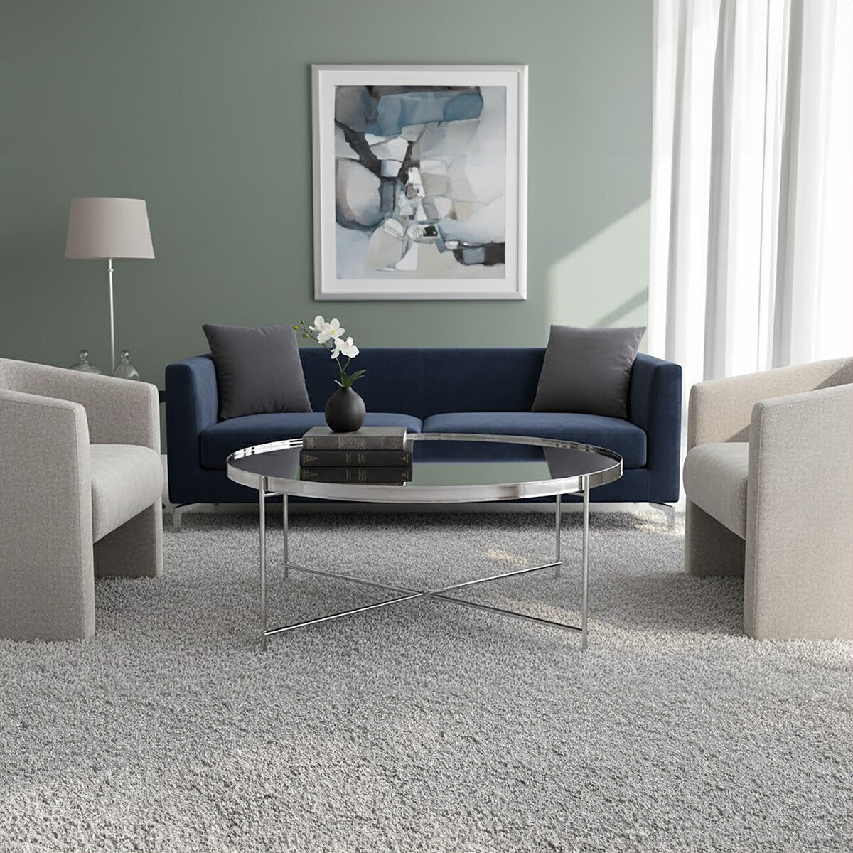 Allure Silver Mirrored Glass Round Coffee Table with Cross Base