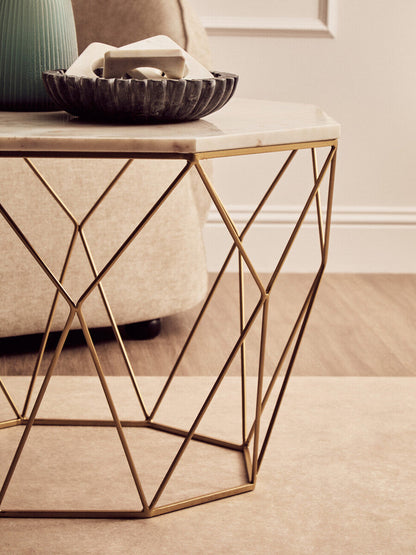 White Octagon Marble Top Coffee Table with Gold Metal Frame | Shalimar