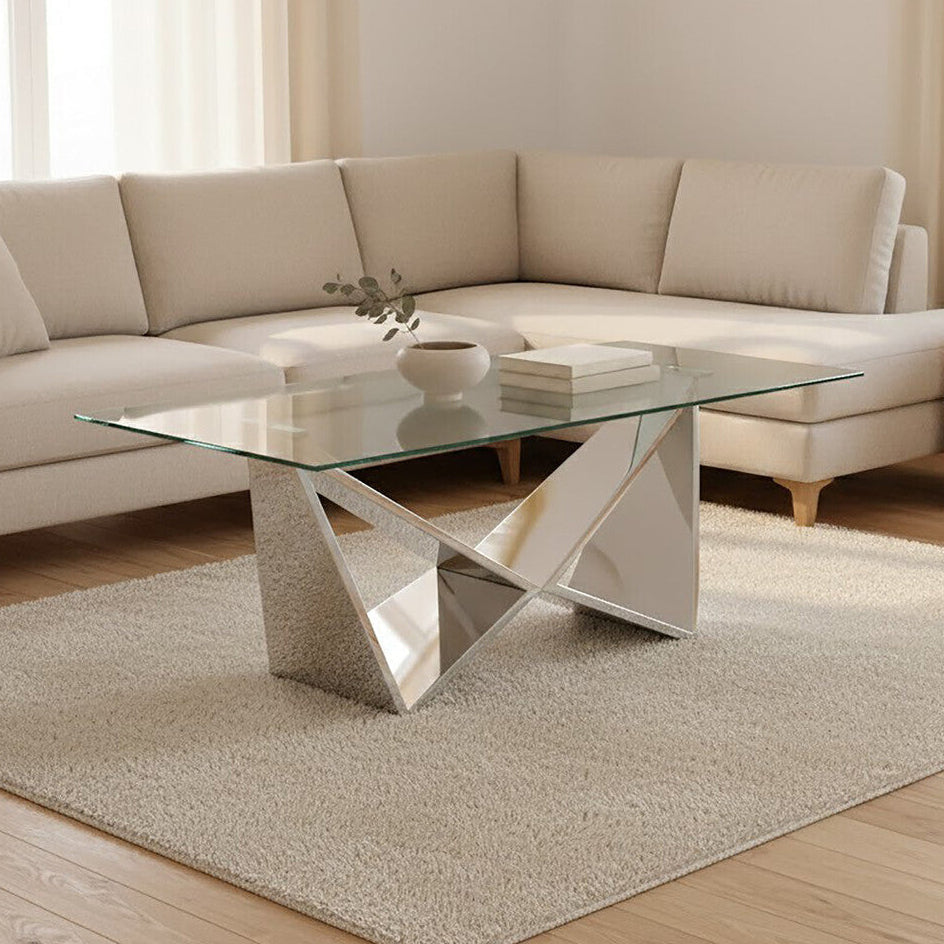 Allure Silver Stainless Steel Rectangular Coffee Table with Wing Base