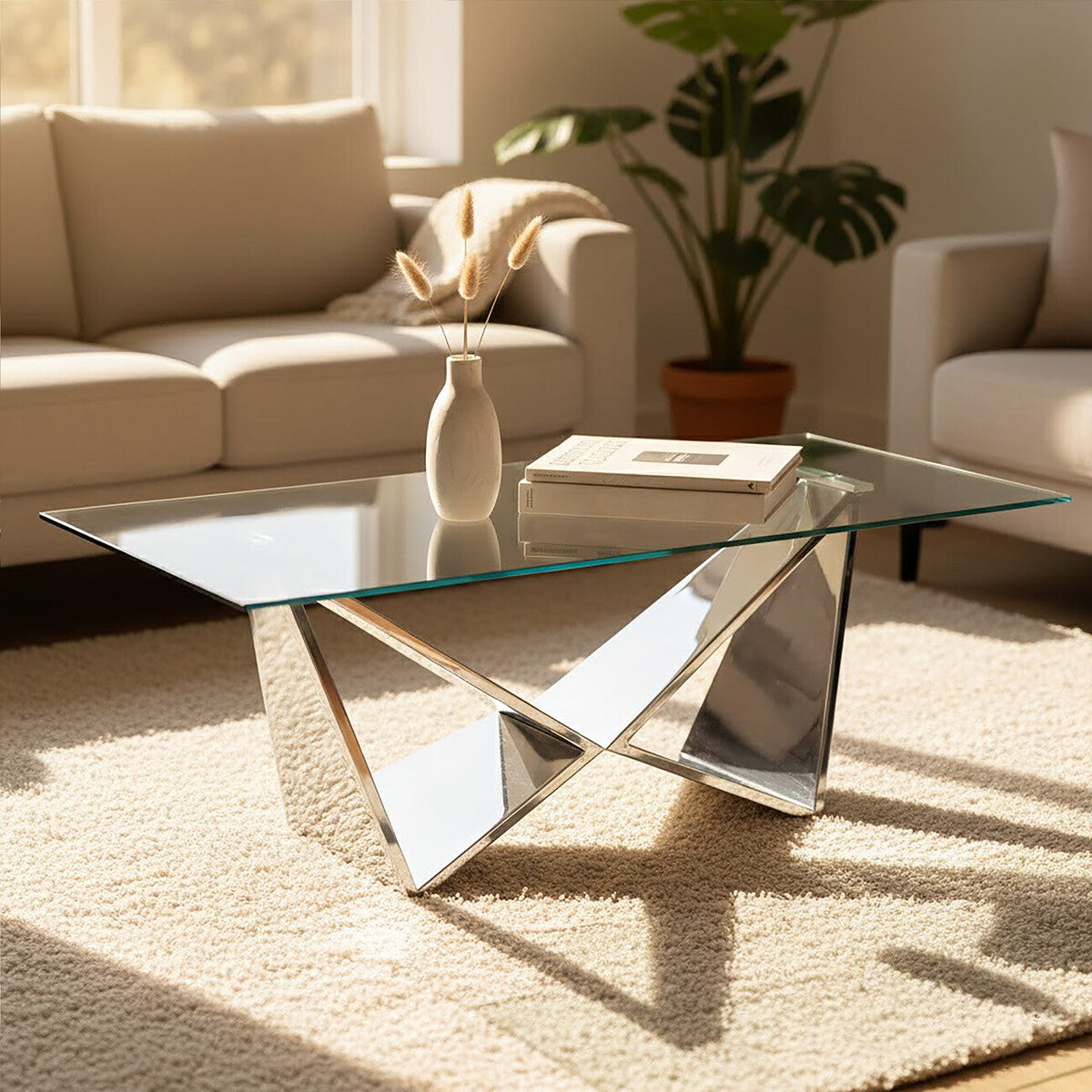 Allure Silver Stainless Steel Rectangular Coffee Table with Wing Base