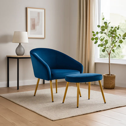 Yasmeen Midnight Blue Velvet Chair and Footstool Set